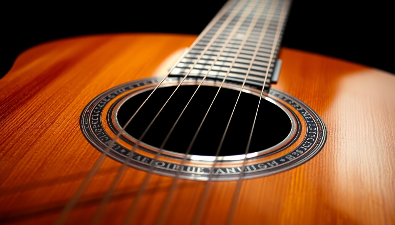 An extreme close-up photograph of the intricate, shimmering texture of an ornate classical guitar, its strings and wooden body reflecting dramatic studio lighting to create a high-contrast, glamorous aesthetic.