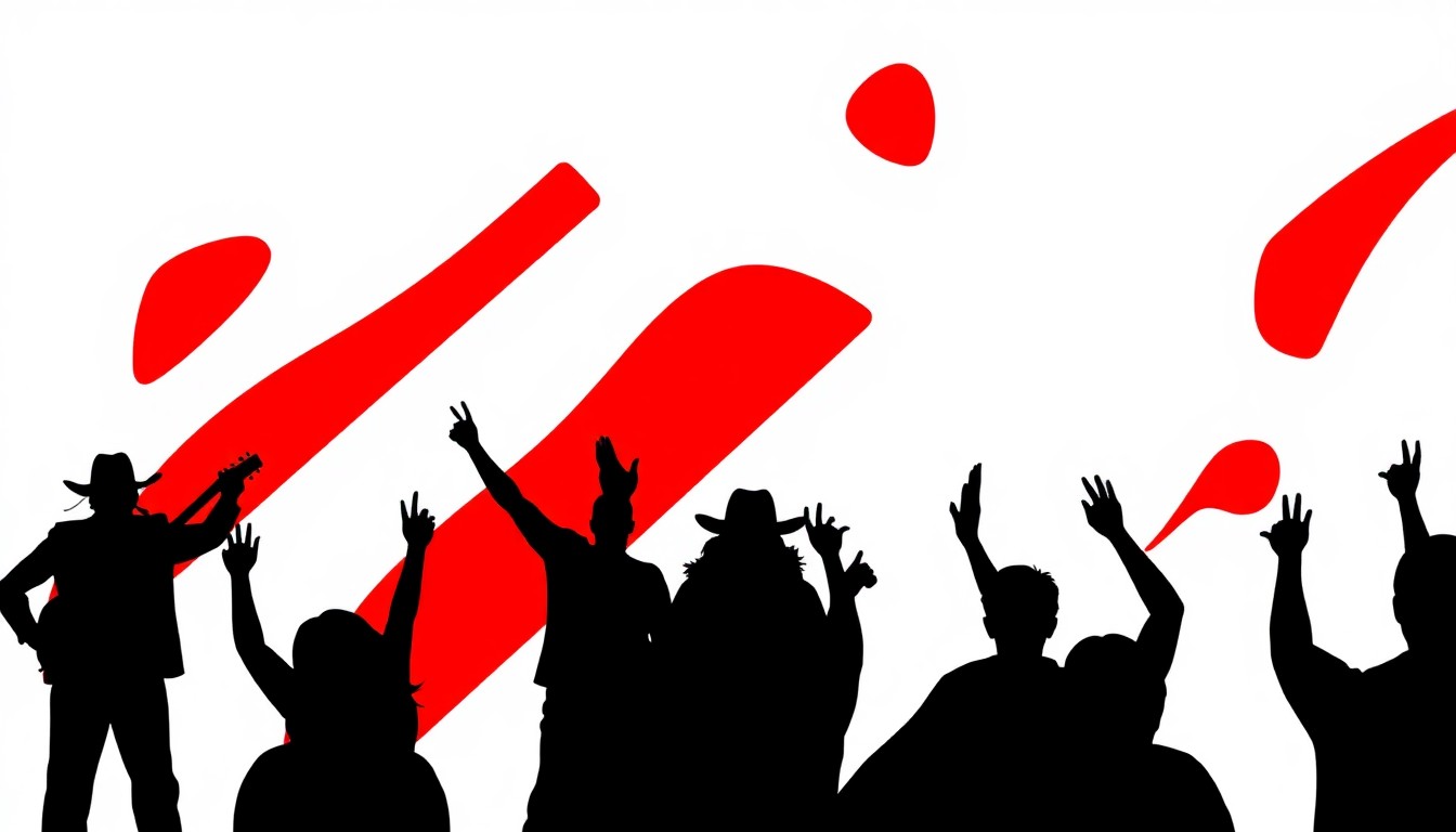 A dynamic, abstract illustration featuring bold black shapes and vibrant red and white geometric forms, conveying the high-energy spirit of a major concert tour.