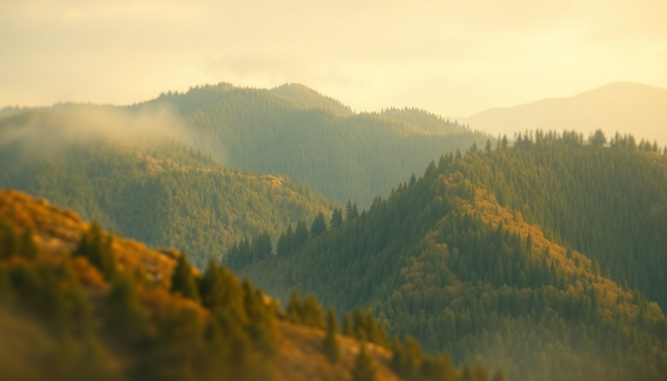 An abstract, painterly landscape scene featuring blurred, textured brushstrokes in warm, earthy tones, conveying the rugged beauty and natural tranquility of the Huron Mountains region.