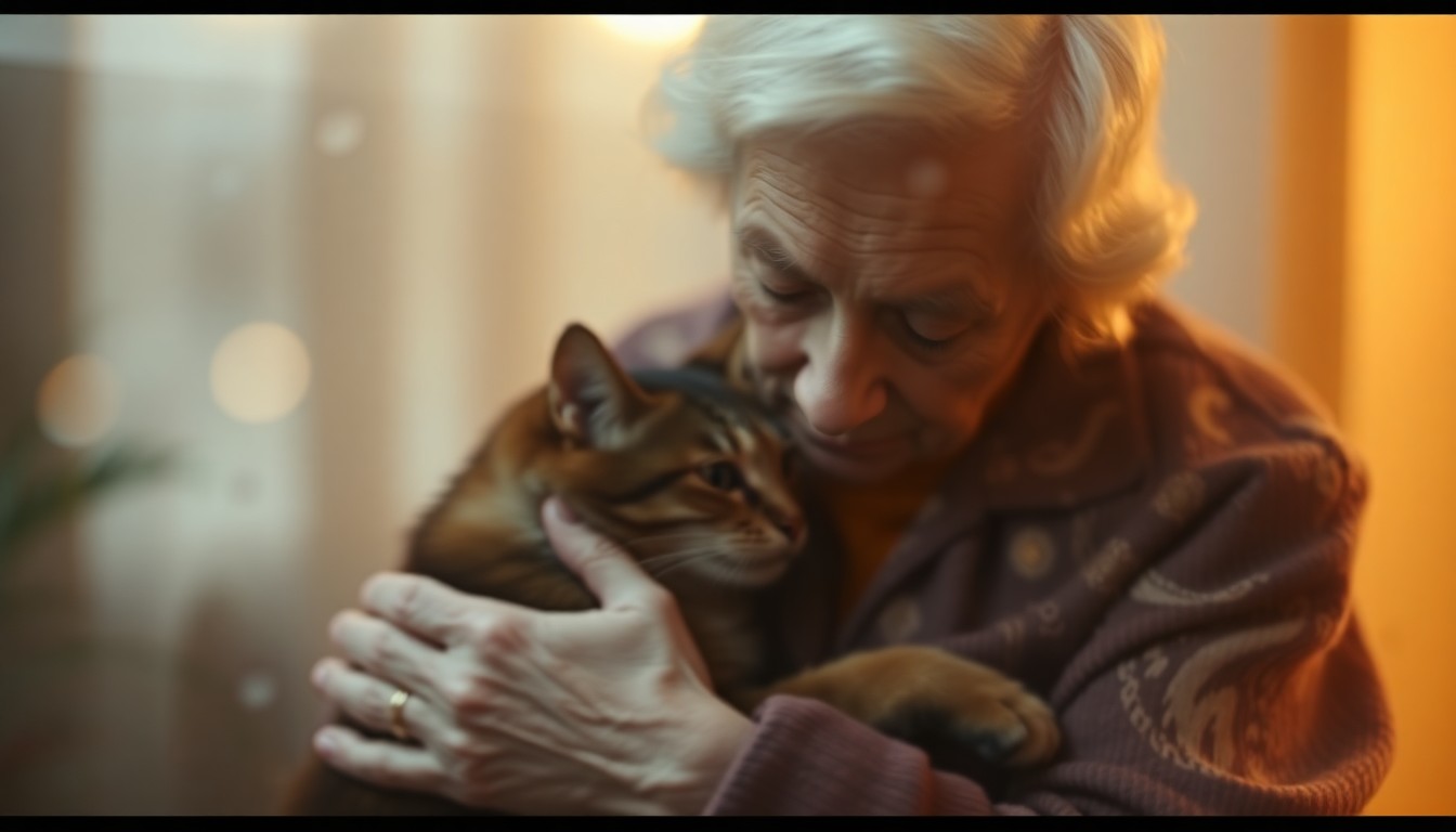 An abstract, out-of-focus image showing the gentle interaction between an elderly person and a pet, captured in a soft, warm, and dreamlike visual style.