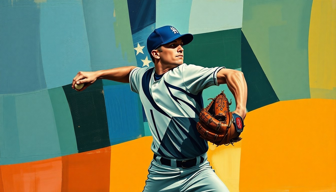 A cubist, geometric painting depicting a baseball pitcher's motion broken down into overlapping planes of color, conceptually representing the strategic depth of the Dodgers' roster moves.
