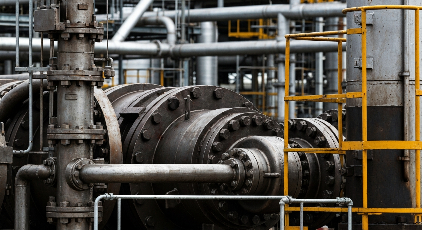 A close-up photograph of the complex machinery and equipment of an oil refinery, conveying the massive scale and technical complexity of the global energy system that is being disrupted by geopolitical tensions.