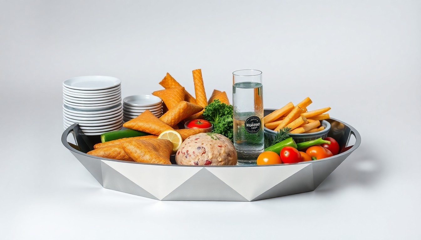 A high-end, photorealistic studio still-life photograph featuring a polished metal tray with various premium food items arranged elegantly, conveying Shoney's focus on quality, value, and abundance.