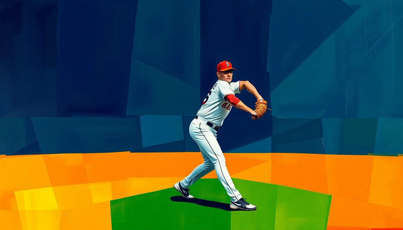 A fragmented, geometric painting depicting the motion of a baseball pitcher, with sharp, overlapping planes in shades of navy, green, and orange, conveying the sport's dynamic energy and the lasting impact of its legendary players.
