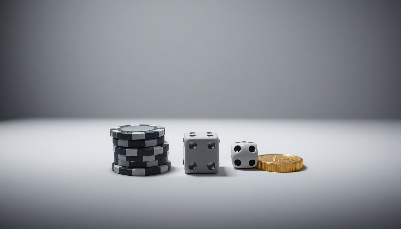 A close-up photograph of a stack of casino chips, a pair of dice, and a gold-plated casino token arranged on a clean, monochromatic grey background, conveying the abstract concepts of risk, strategy, and the thrill of casino gaming.