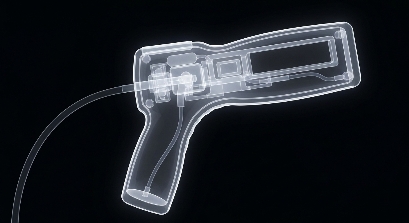 A translucent X-ray photograph showing the internal structure of a handheld medical scanner device, with its components and circuits visible as glowing lines against a dark background, conceptually representing the advanced imaging capabilities of SafetySpect's technology.