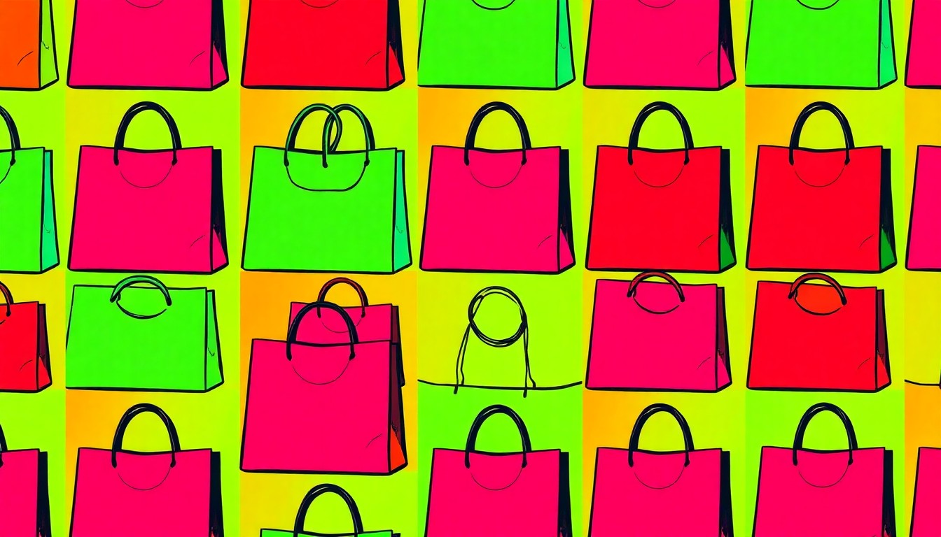 A brightly colored, high-contrast silkscreen print of a shopping bag or other iconic Burlington retail item repeated in a tight grid pattern, utilizing flat, vibrant, and unnatural neon color palettes overlapping with heavy black photographic outlines to turn an everyday shopping item into modern pop art.