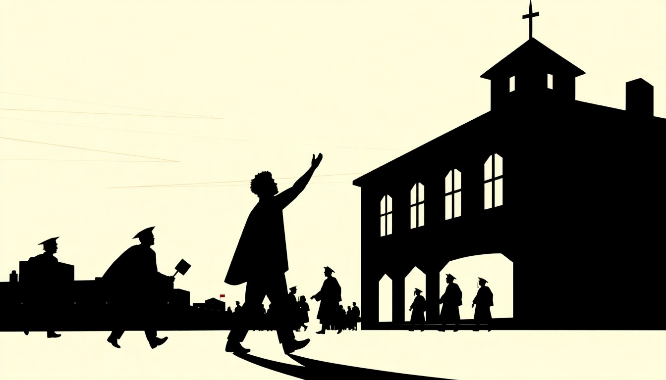 A striking black and white illustration featuring abstract, jagged shapes and silhouettes, conceptually representing the idea of a homecoming and graduation ceremony.