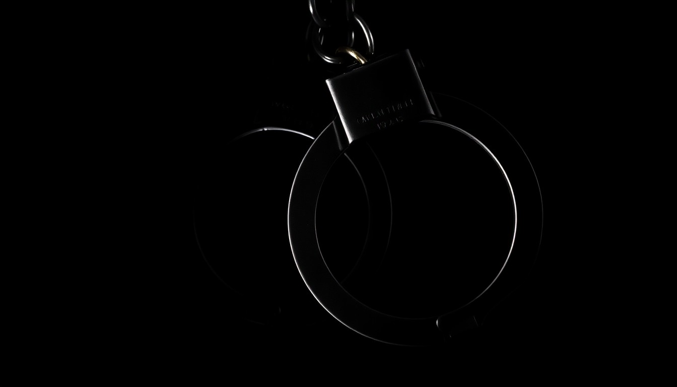 An extreme close-up of a pair of metal handcuffs, the harsh lighting and dark background creating a stark, gritty, and investigative aesthetic that conceptually represents the gravity of the alleged crime.