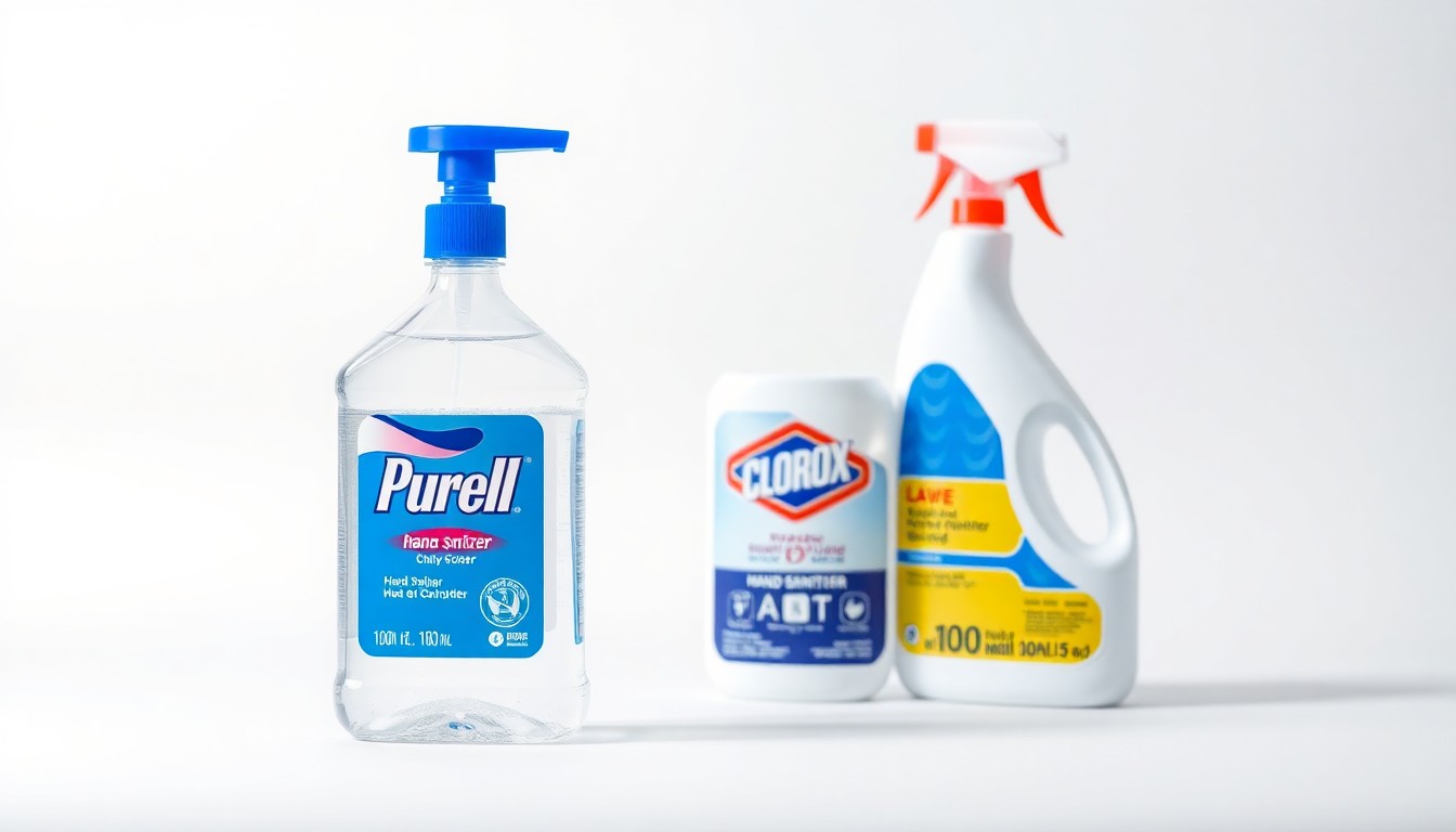 A high-end, photorealistic studio still-life photograph featuring a bottle of Purell hand sanitizer and a bottle of Clorox disinfectant cleaners, arranged elegantly on a clean, monochromatic seamless background. The objects are made from polished glass and metal, using sharp, dramatic studio lighting and deep shadows to represent the merger of these two leading consumer health and hygiene brands.