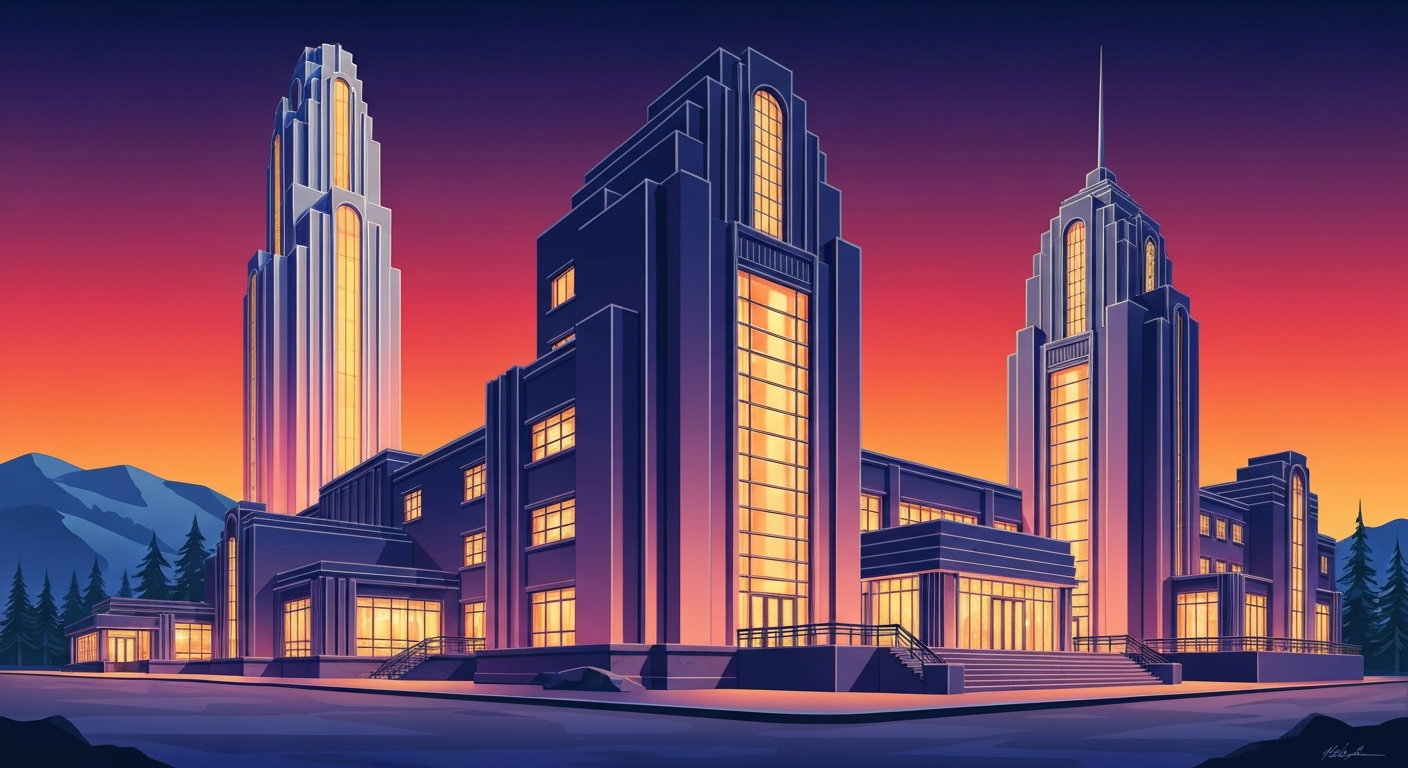 A bold, geometric illustration in the Art Deco style, depicting the towering, streamlined architecture of the new Trailhead Lodge at Mt. Bachelor, with sweeping gradients and forced perspectives that capture the grand scale and romance of the new facility.