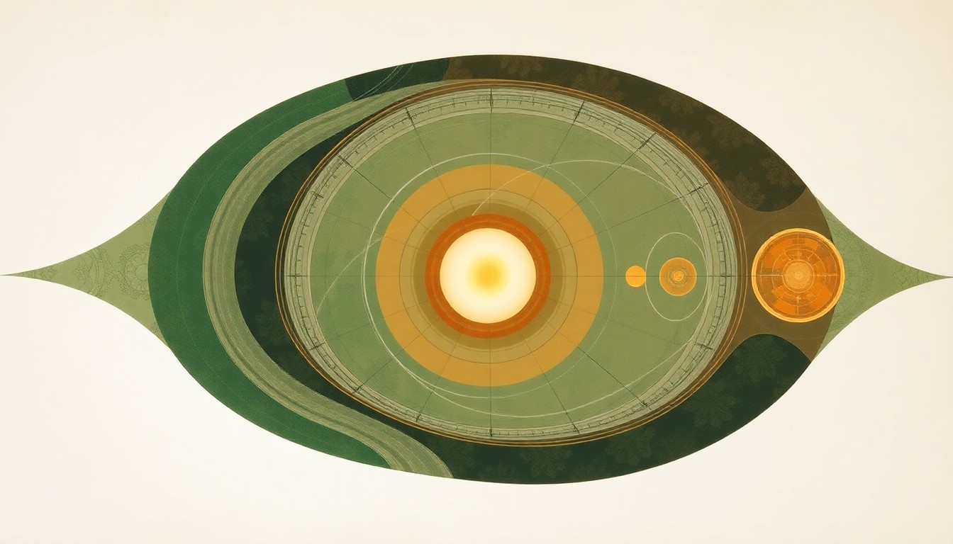 A bold, abstract painting in muted earth tones depicting the intricate interconnected systems of Borneo's tropical rainforest, representing the complex challenges of orangutan conservation.