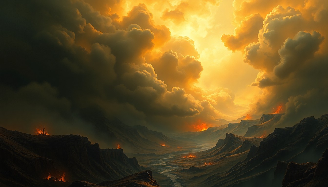 A dramatic landscape painting with heavy, billowing smoke obscuring the details of a burning structure, conveying the overwhelming power and scale of the natural disaster.