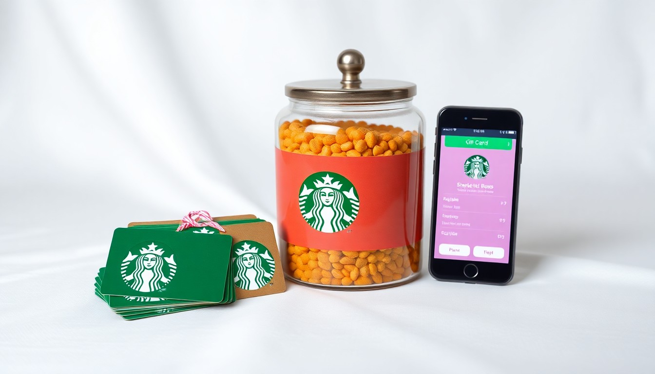 A high-end, photorealistic studio still-life photograph featuring a stack of Starbucks gift cards, a Starbucks-branded tip jar, and a mobile device displaying the Starbucks mobile app, all arranged elegantly on a clean, white seamless background, conceptually representing the key elements of Starbucks' new performance bonuses, expanded tipping, and mobile pay features.