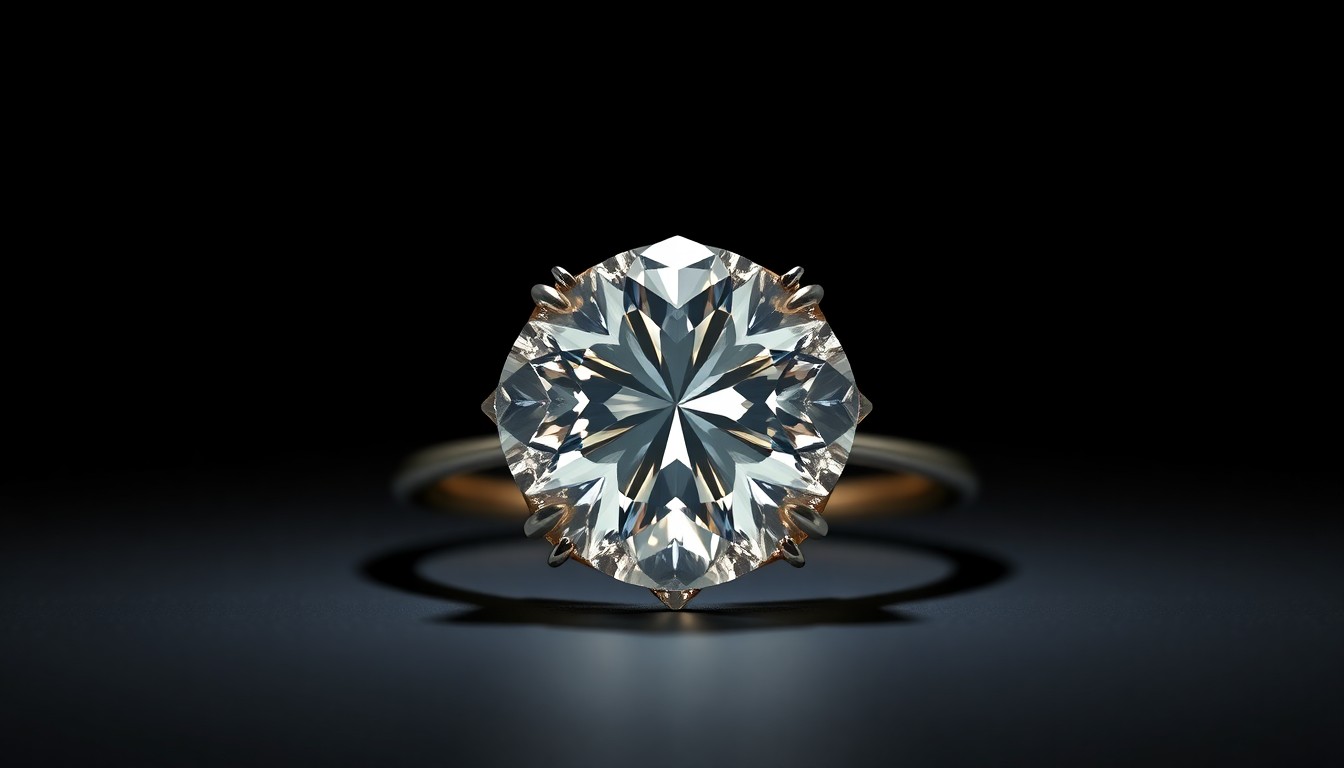 An extreme close-up photograph of a diamond ring set against a dark, high-contrast background, capturing the glitz and glamour of the entertainment industry.