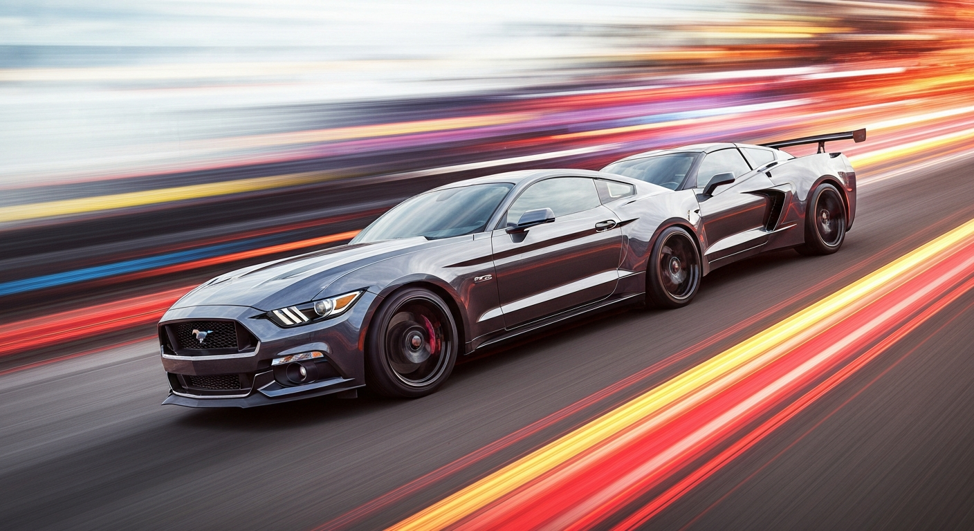 An abstract, motion-blurred image of two high-performance muscle cars in a high-speed chase, their bodies reduced to sweeping brushstrokes of color that convey a sense of raw power and competition.