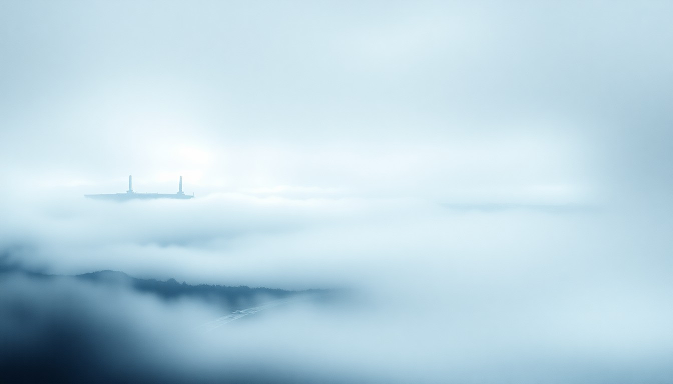 A sweeping, atmospheric landscape painting in muted tones of grey and blue, depicting the Millbrae Bayfront area shrouded in heavy fog, with the silhouettes of San Francisco International Airport's terminals barely visible in the distance, conveying a sense of the overwhelming scale of the natural environment and the vulnerability of the low-lying coastal region.