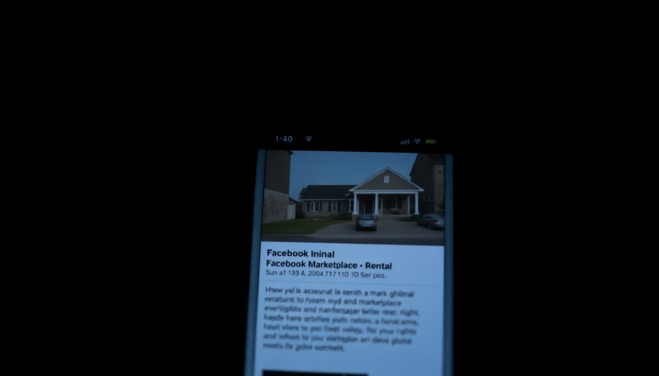An extreme close-up photograph of a smartphone screen displaying a generic home image and rental listing text, lit by a harsh, direct camera flash against a pitch-black background, conceptually representing the stark, gritty, and investigative nature of this online fraud scheme.