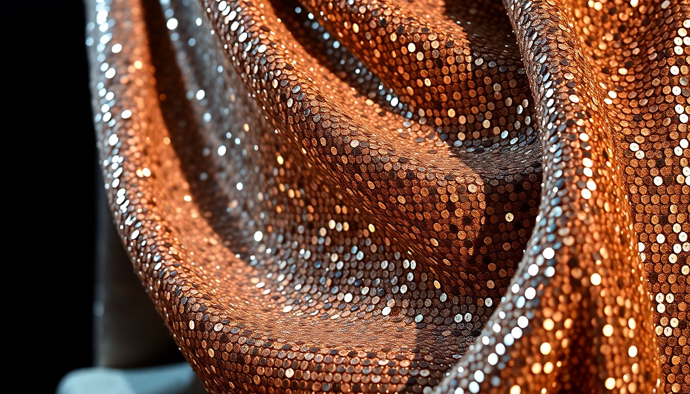 An abstract close-up photograph of a glittering, sequined fabric in high-contrast studio lighting, conveying the luxurious, high-fashion aesthetic of Duchovny's dramatic drag transformation for his upcoming television role.