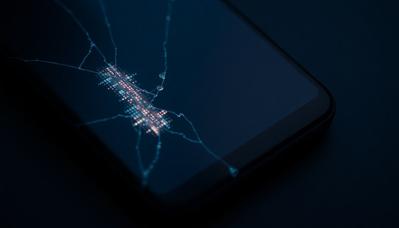 An extreme close-up photograph of a cracked smartphone screen reflecting a faint digital glitch, conceptually illustrating the misuse of AI technology to exploit student privacy.