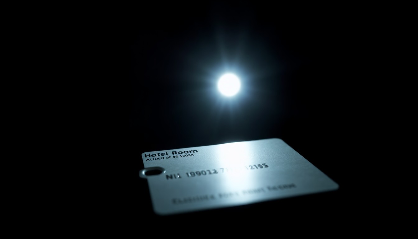 An extreme close-up of a hotel room key card reflecting a harsh, direct camera flash, conceptually representing the investigation into alleged crimes at a resort.
