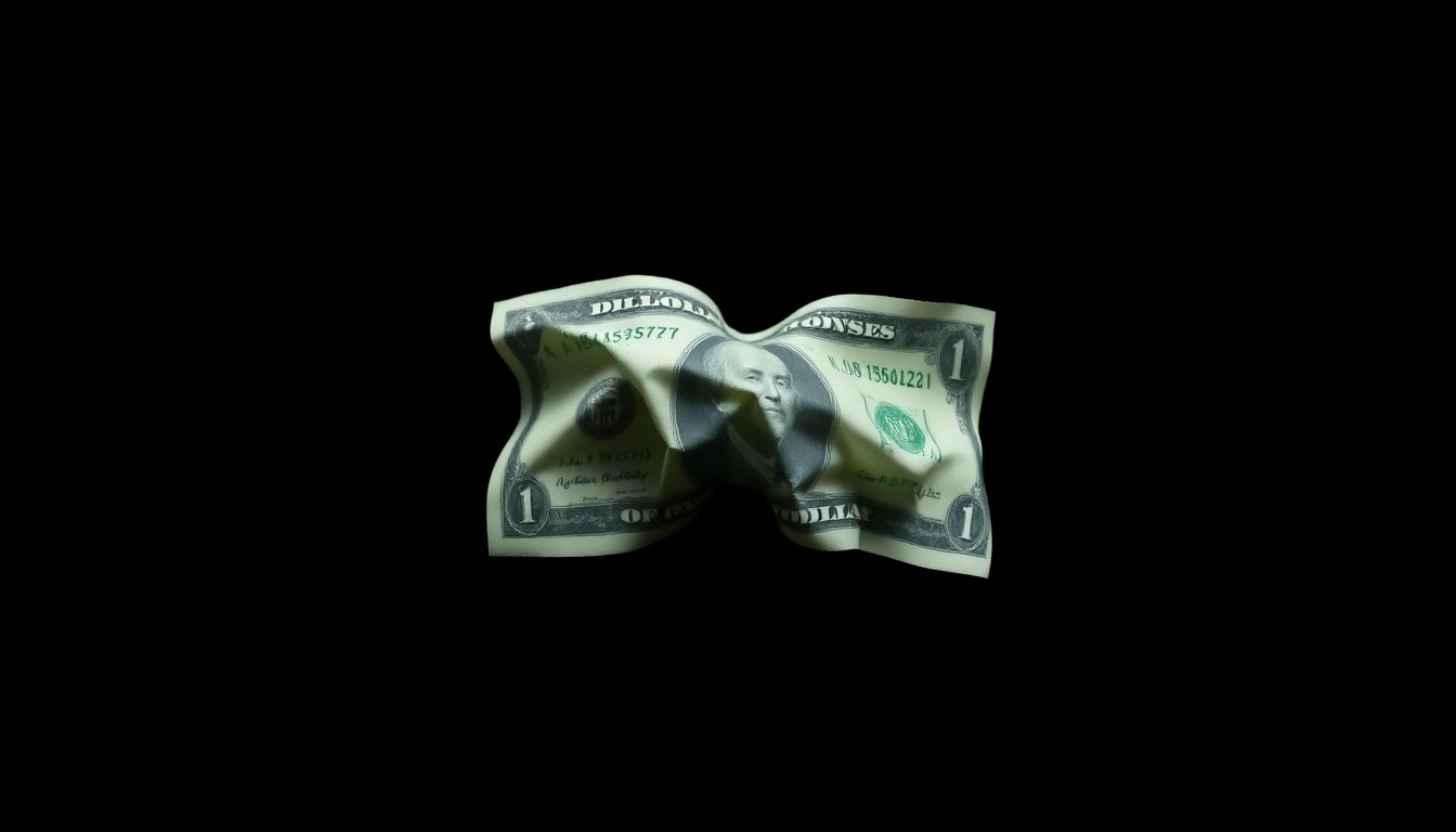 An extreme close-up photograph of a crumpled dollar bill, the harsh lighting and stark black background creating a gritty, investigative aesthetic that conceptually represents the disturbing financial transactions at the heart of this case.
