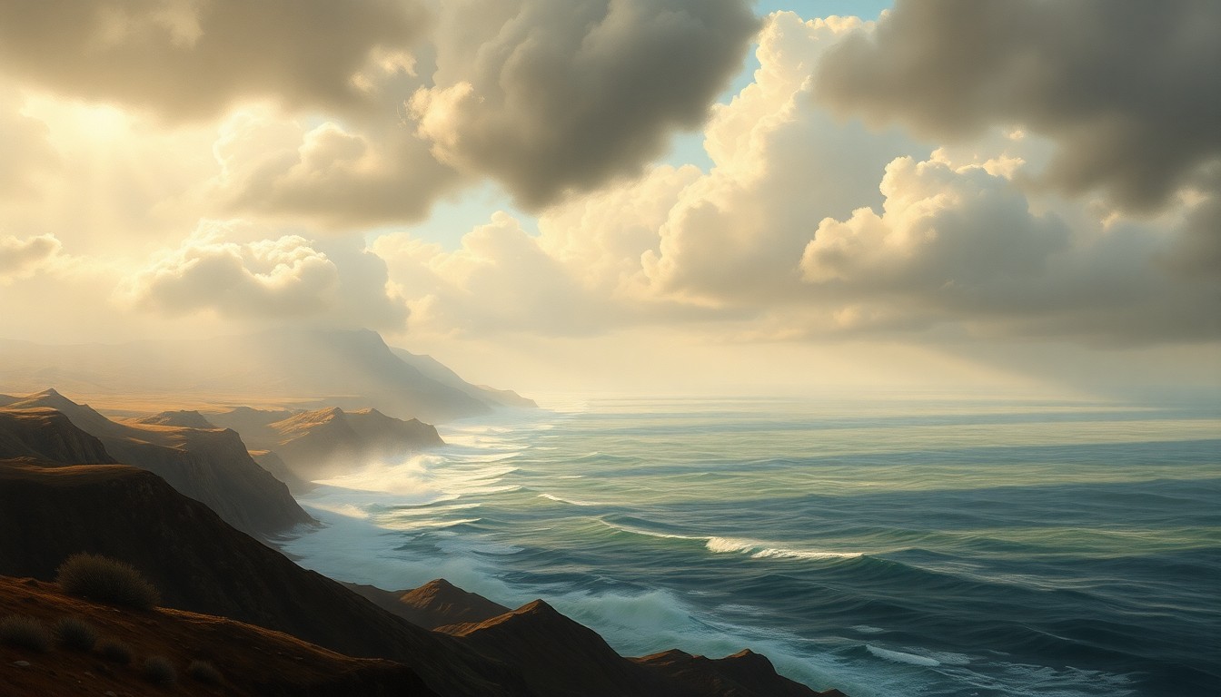 A vast, atmospheric landscape painting in muted tones of gray, blue, and green, capturing the sweeping, dramatic scale of a coastal region under the influence of intense winds. The natural elements, such as swirling clouds and crashing waves, dominate the scene, dwarfing any physical structures or objects.