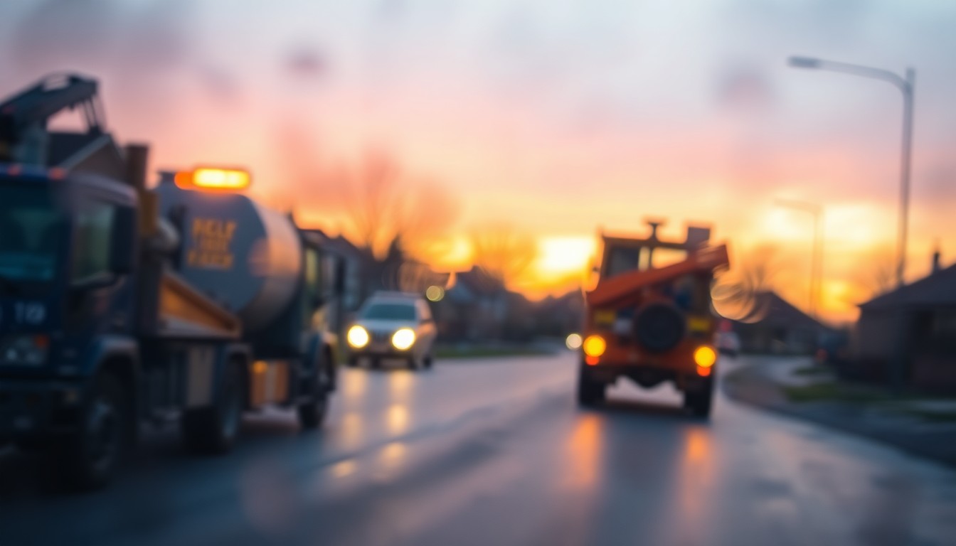 An abstract, impressionistic scene of construction equipment and workers on a suburban road, captured in a hazy, out-of-focus style with warm, glowing light.