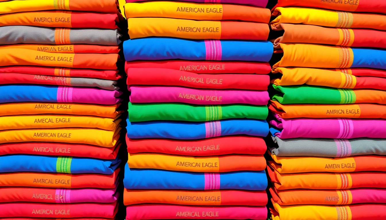 A brightly colored, abstract silkscreen print featuring a repeating grid of folded American Eagle clothing items in vibrant neon hues, conceptually representing the retailer's updated presence at the Kirkwood Mall.