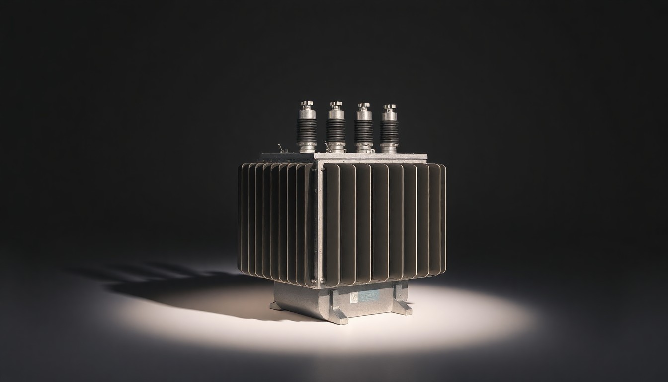 A highly detailed, photorealistic studio photograph of a metallic electrical transformer component, shot with dramatic studio lighting and deep shadows to conceptually represent the abstract market forces impacting the regional utility industry.