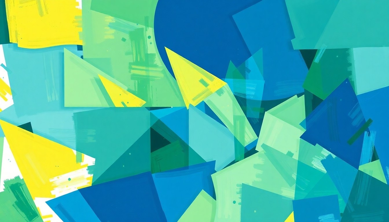 An abstract, fragmented painting in shades of blue, green, and yellow, conveying the dynamic and multifaceted nature of the energy policy debate in Maryland.