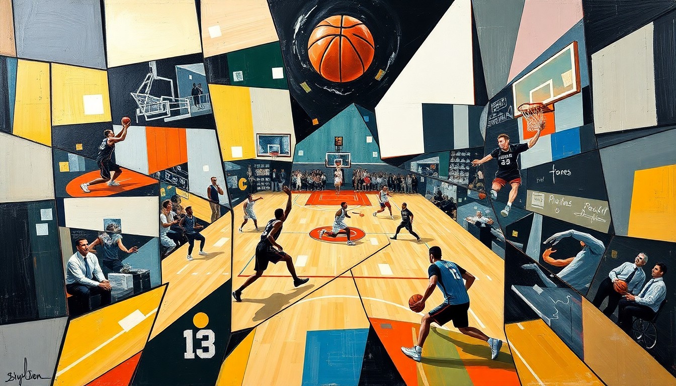 A cubist, geometric painting depicting the chaotic energy of a college basketball game, with players and the ball broken down into overlapping, angular shapes and forms in a vibrant color palette.