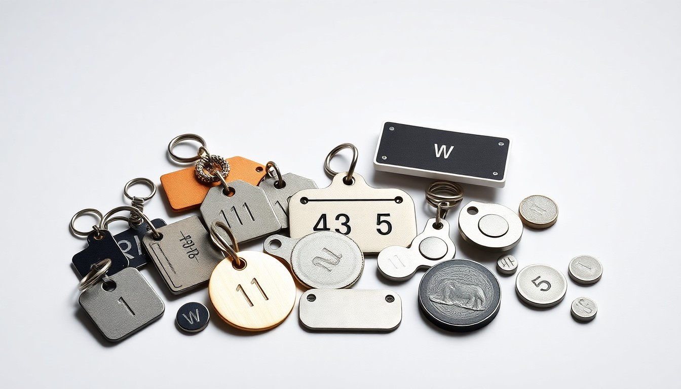 A close-up studio photograph of a collection of premium, polished metal cattle tags, ear tags, and identification chips arranged elegantly on a clean, monochromatic background, conceptually representing the data-driven, scientific approach to cattle breeding and genetics that the WBIA sale embodies.