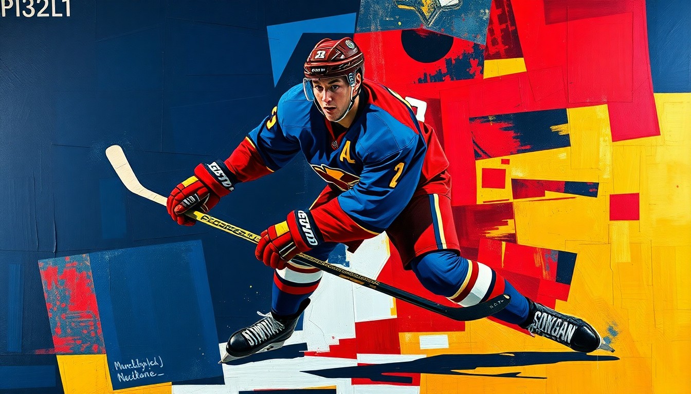 A cubist-style painting depicting a hockey player in motion, with their body fractured into overlapping geometric shapes in shades of navy, crimson, and gold, conveying the energy and skill of the player.