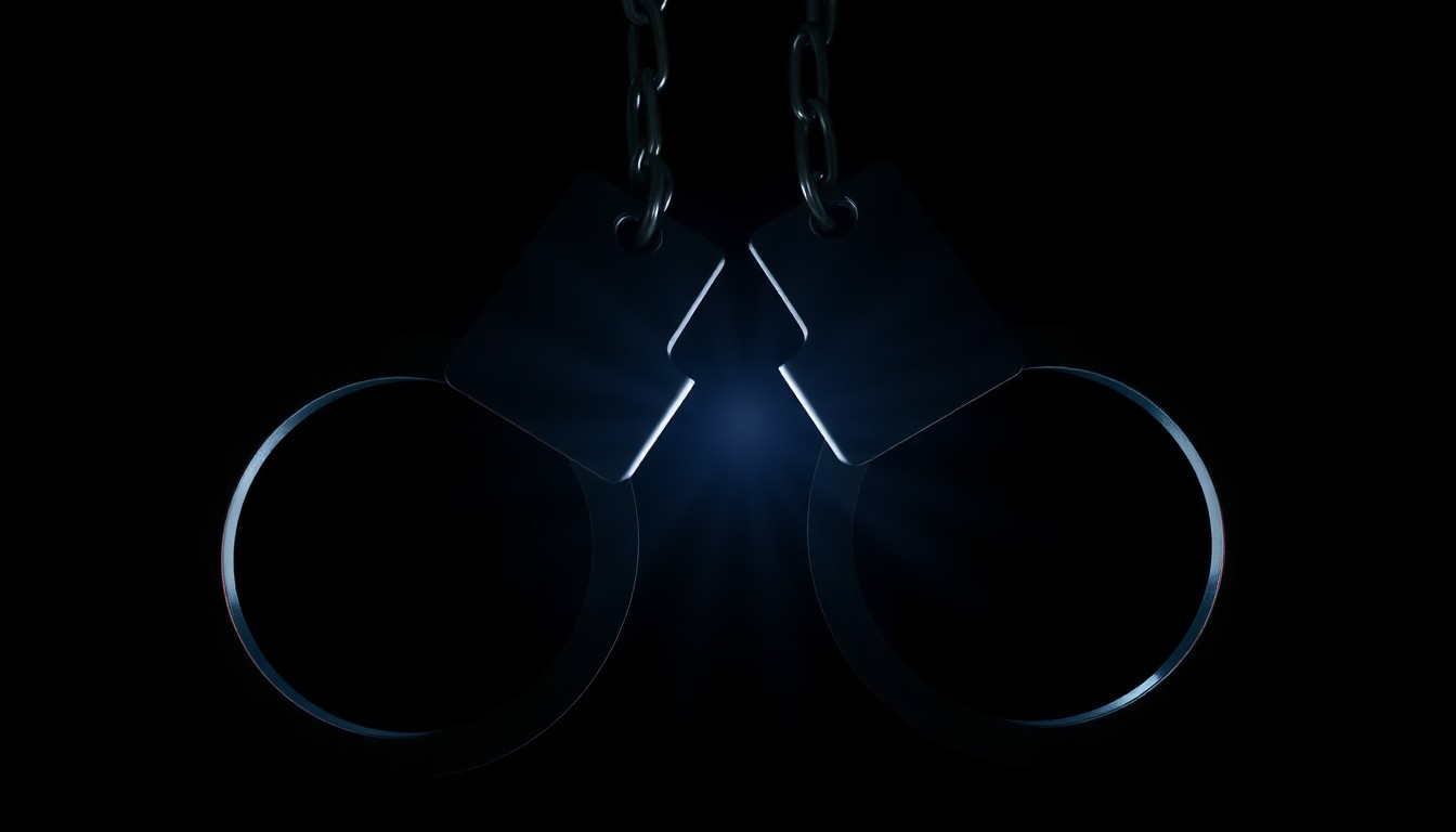 An extreme close-up of a pair of metal handcuffs against a completely black background, the harsh lighting creating dramatic shadows and textures to convey a serious, investigative mood around the issue of repeat offenders evading the law.
