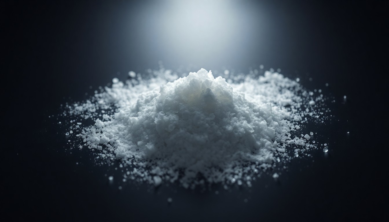 An extreme close-up photograph of a small pile of white crystalline powder on a dark surface, lit by a harsh, direct camera flash, conceptually illustrating the seizure of illegal drugs during a law enforcement operation.