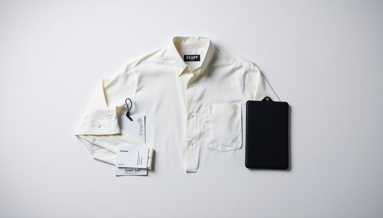A high-end, photorealistic studio still-life photograph featuring a neatly arranged set of event staff uniforms, including a collared shirt, name tag, and event credential, all placed on a clean, monochromatic seamless background. The objects are made from premium, polished materials and use sharp, dramatic studio lighting and deep shadows to represent the professionalism and importance of the event staff roles.