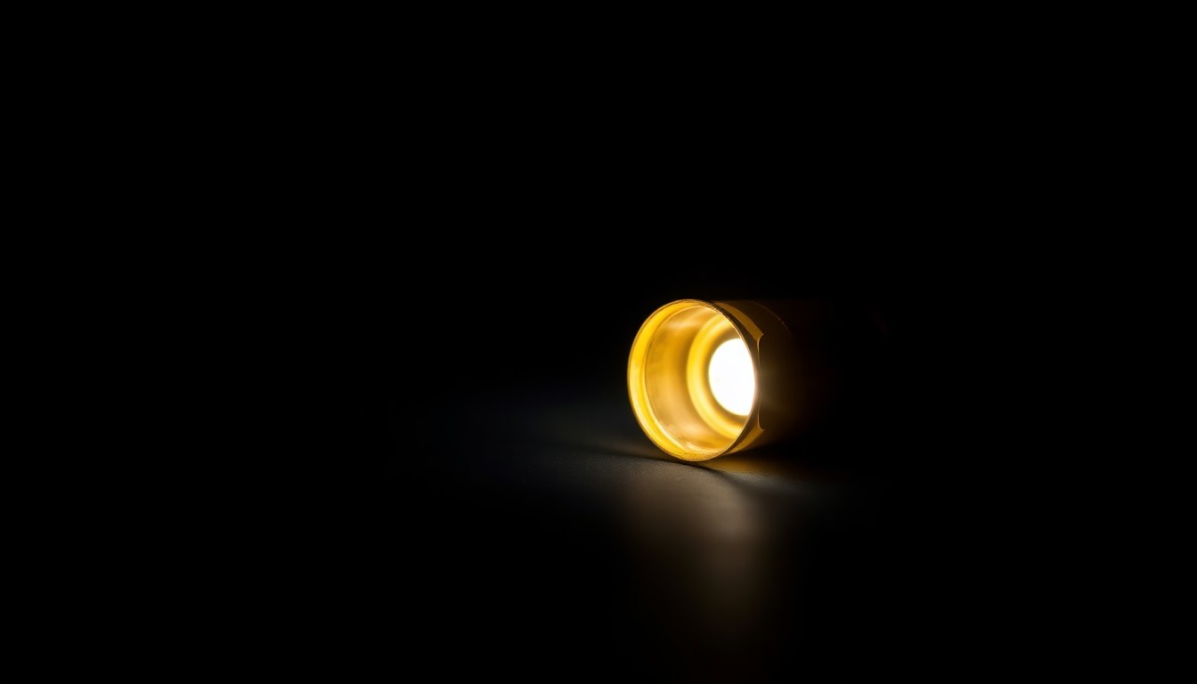 An extreme close-up photograph of a spent shell casing on a dark background, lit by a harsh, direct camera flash, conceptually illustrating the physical evidence found in this firearm-related incident.