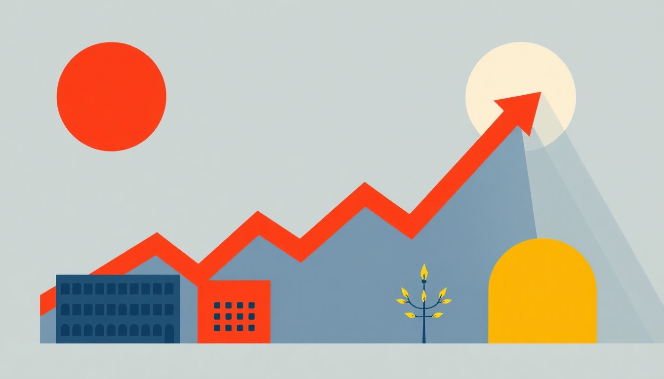 A minimalist abstract illustration using bold geometric shapes and primary colors to conceptually represent economic data, without any literal text or imagery.