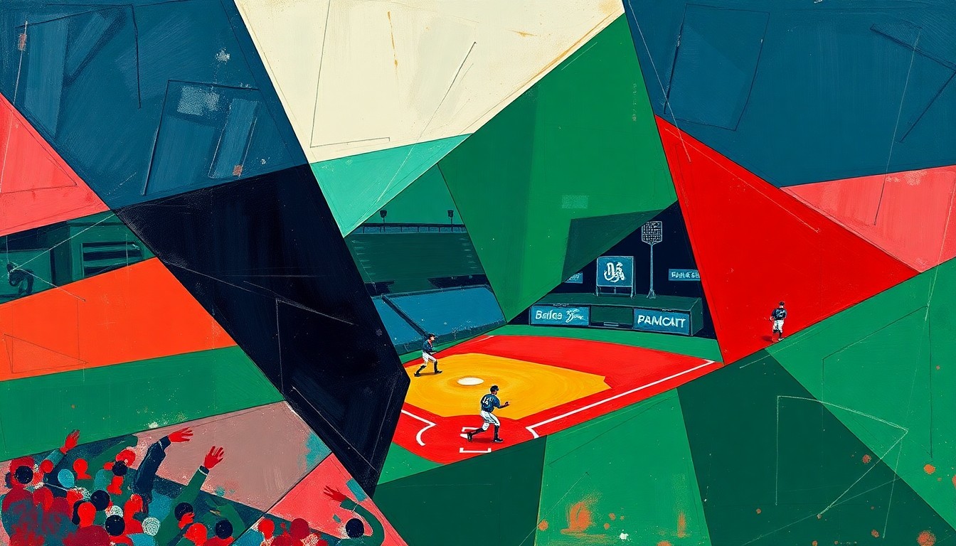 A fragmented, cubist-style painting depicting a baseball game or match, with sharp geometric shapes in navy, green, and red overlapping to create a dynamic, deconstructed visual representation of the sport.