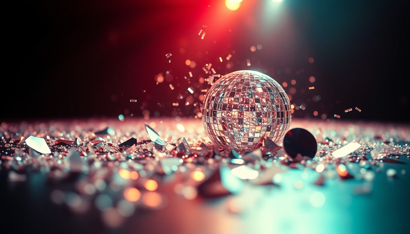An abstract close-up photograph featuring a shimmering array of glittering sequins and shattered glass, capturing the high-energy glamour of a live music performance.