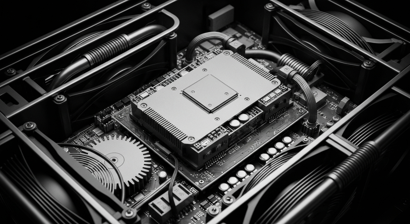 A high-contrast, close-up image of the inner components of a cryptocurrency mining rig, including gears, circuits, and cooling fans, conveying the industrial, technical nature of this specialized hardware.