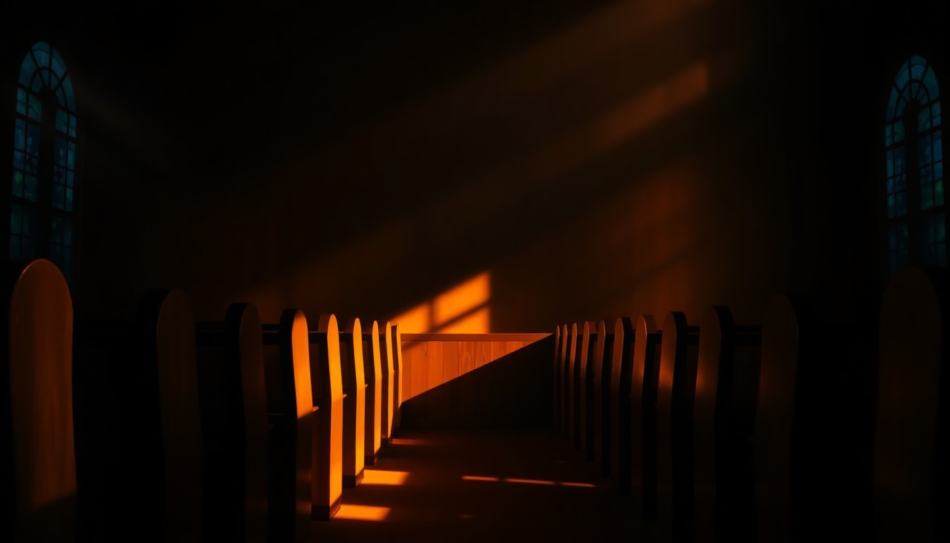 A quiet, cinematic painting of an empty church pew in warm, diagonal sunlight and deep shadows, evoking a sense of solemn contemplation about the comparison of a political figure to a religious icon.