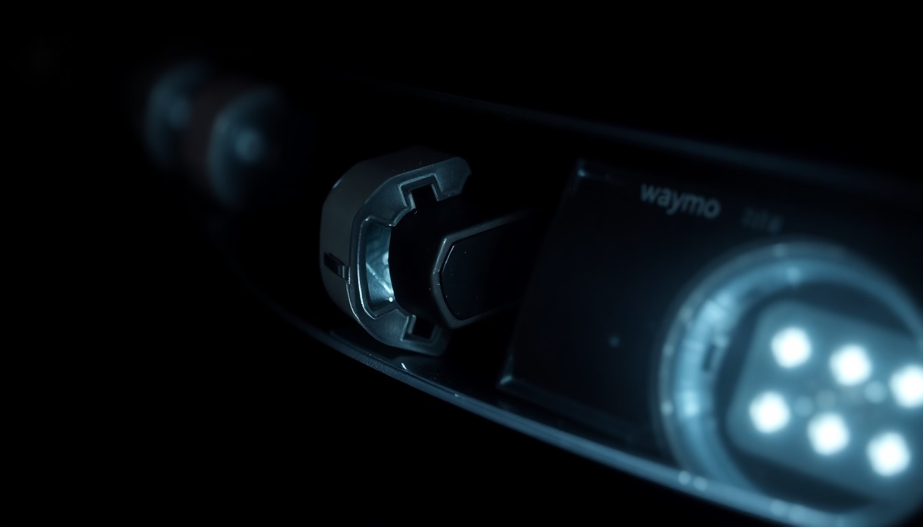 An extreme close-up of a shattered car sensor lens reflecting a faint red light, conceptually illustrating the vandalism of self-driving cars.