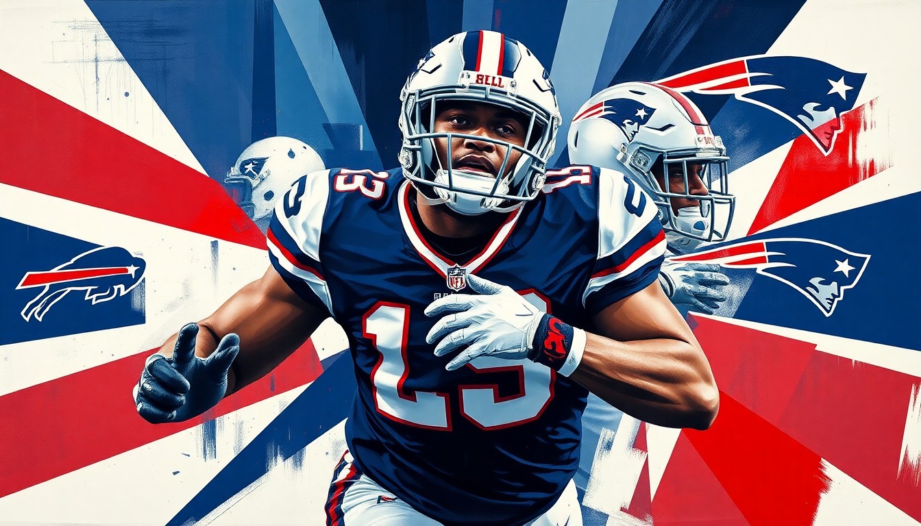 A fragmented, geometric painting depicting various football plays and actions, representing the key moments that defined Stephon Gilmore's standout NFL career.