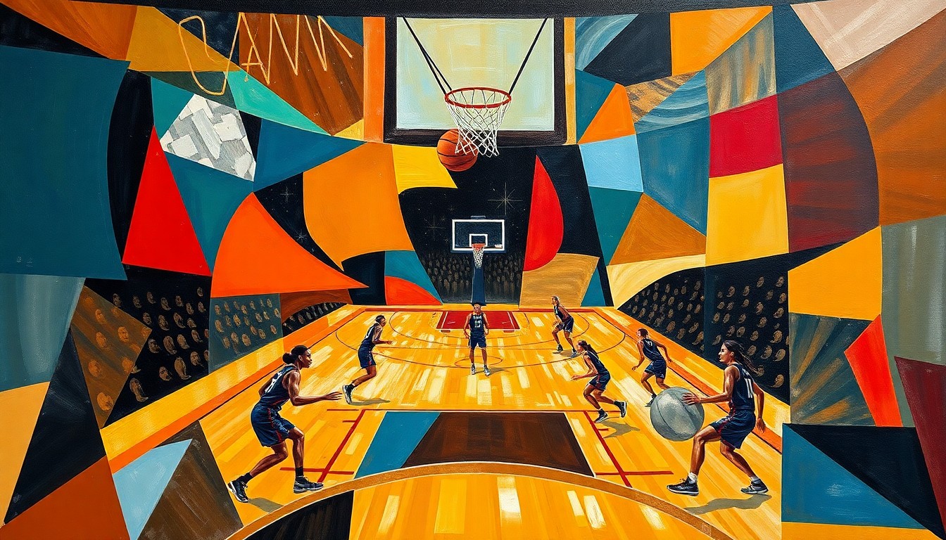A fractured, multi-perspective painting featuring angular, colorful shapes representing the players and court of a women's basketball game, with the ball and net as the central focus, conveying the sport's rising energy and excitement.