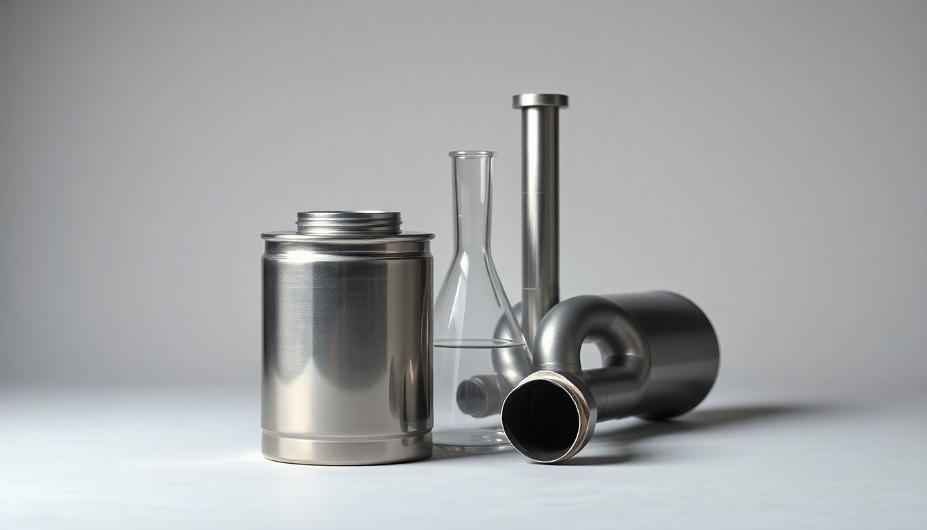 A high-end, photorealistic studio still-life photograph featuring a polished metal canister, a glass beaker, and a sleek metal pipe arranged elegantly on a clean, monochromatic background, conceptually representing the advanced technology and industrial processes used by Frontieras to extract valuable molecules from coal.