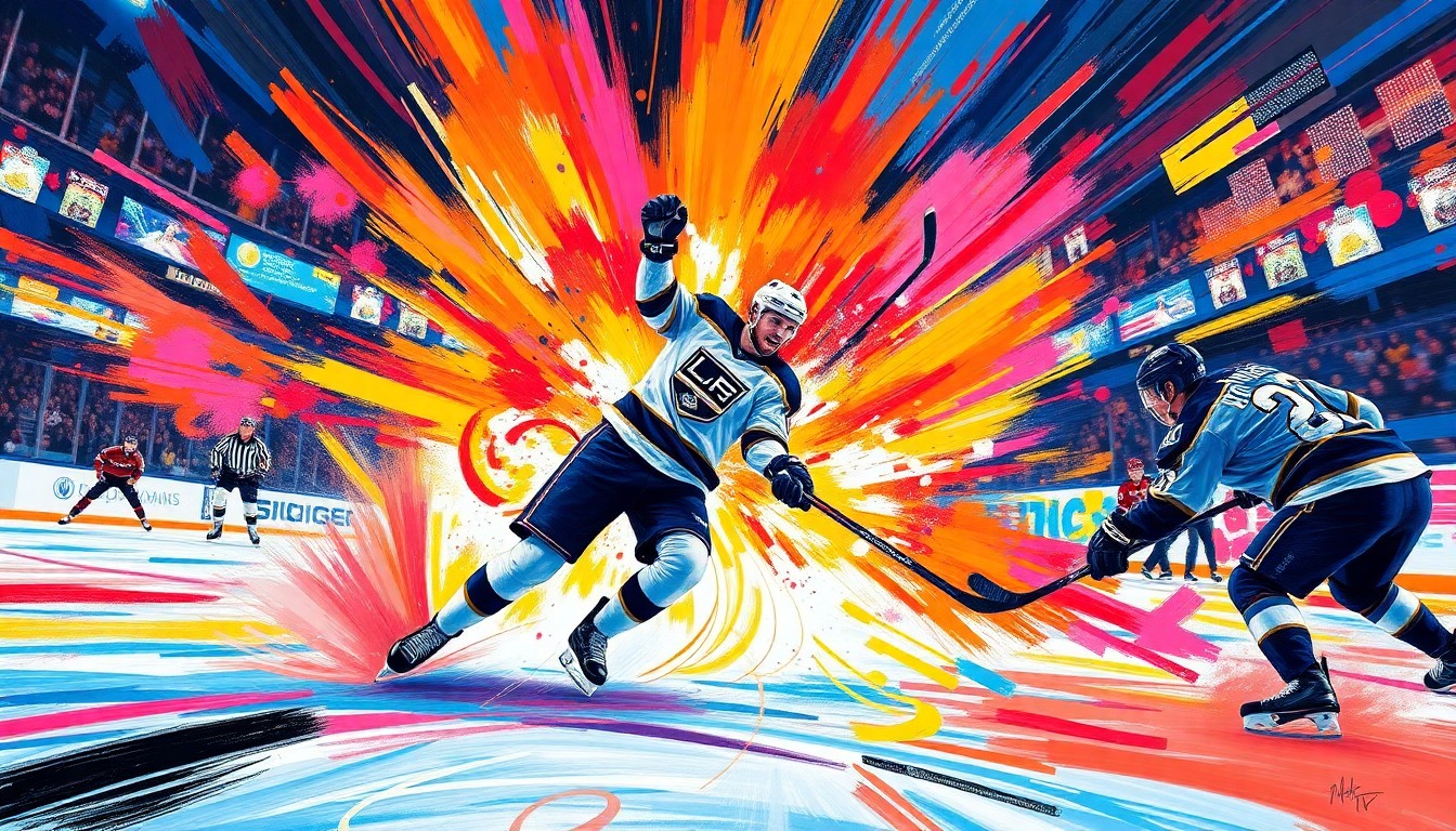 An abstract, energetic painting featuring bold, neon-colored brushstrokes that convey the intensity and excitement of a game-winning overtime goal in a close NHL matchup.