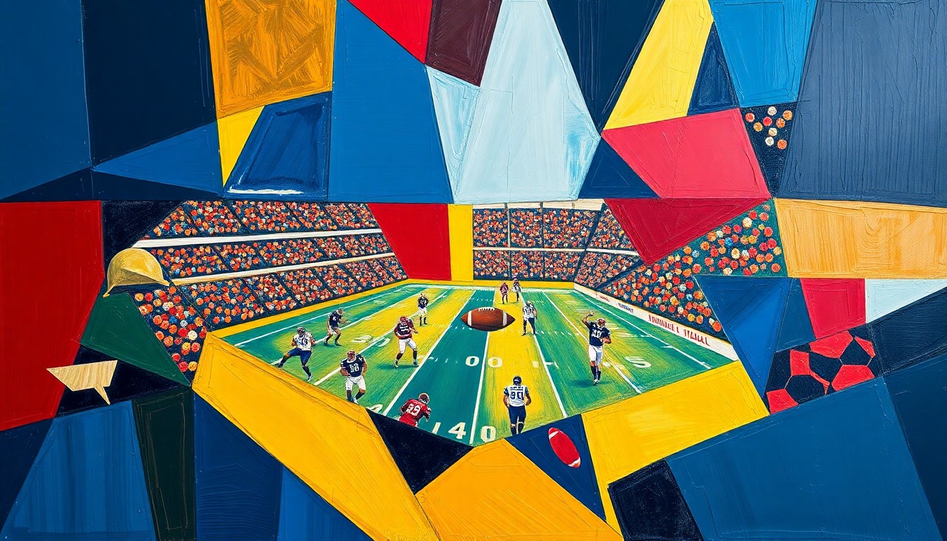 A cubist, geometric painting depicting a fragmented football game, with sharp planes of navy, gold, and crimson red colliding to create a dynamic, abstract composition.