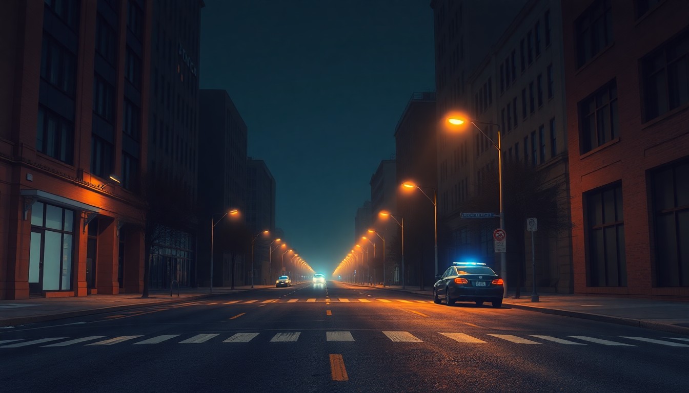 A quiet, cinematic painting of a solitary police car parked on a dimly lit urban street, with warm diagonal lighting and deep shadows, conceptually illustrating the tension and melancholy surrounding a high-profile crime and its political aftermath.